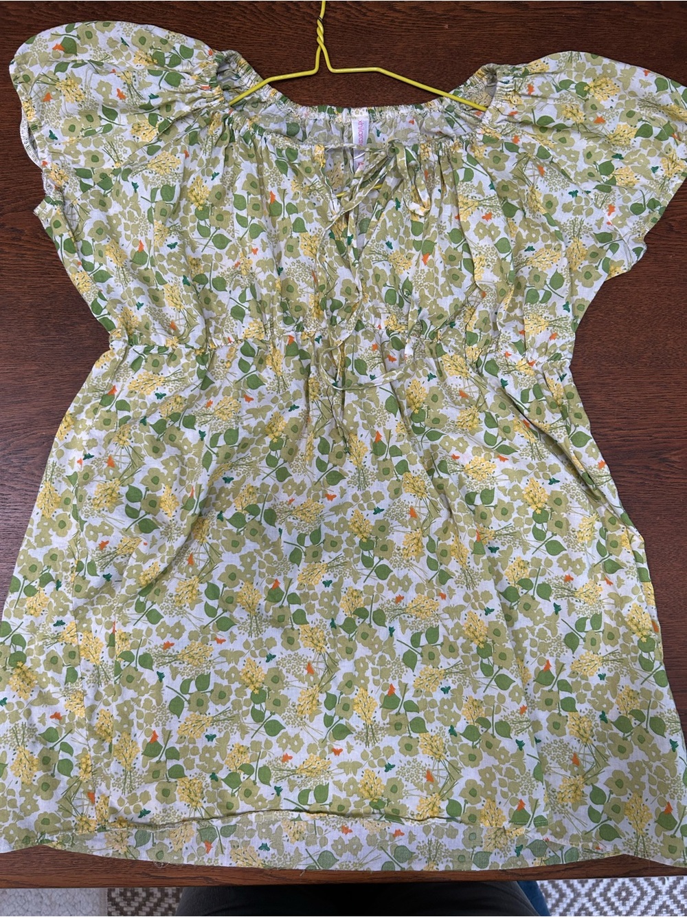 Lightweight Floral Peasant Blouse, Green & Yellow, XXL. On/off shoulder elastic.